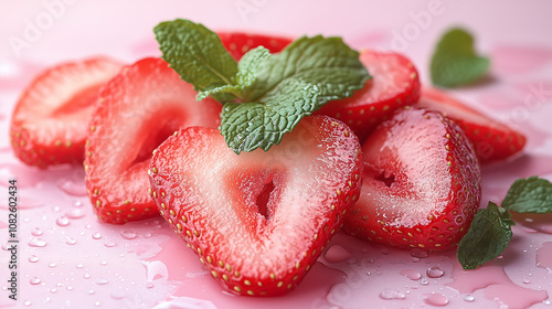 Juicy strawberry slices with mint leaves on pastel pink background photo