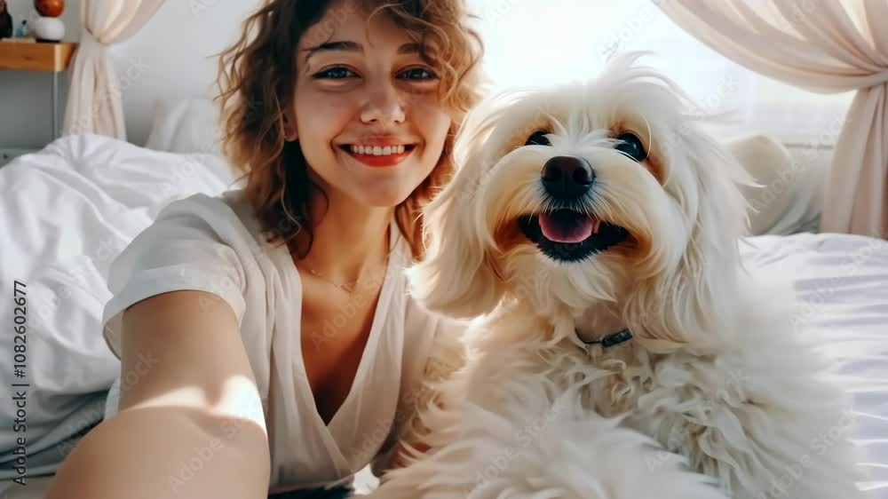 Smiling young woman takes a cozy selfie with her fluffy pet dog in a sunlit bedroom on a relaxing morning Smiling young woman takes a cozy selfie with her fluffy pet dog in a sunlit bedroom on a relaxing morning