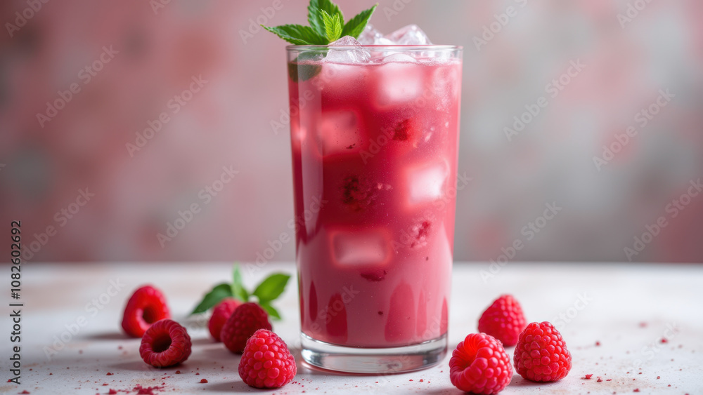 A refreshing pink drink with raspberries on a table. A refreshing pink drink with raspberries on a table.