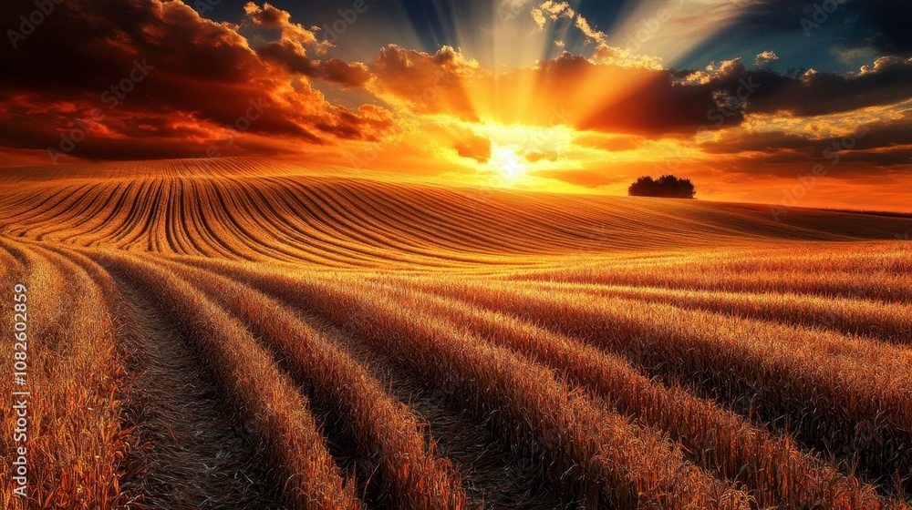 Golden Sunrise Over Serene Wheat Field Landscape Golden Sunrise Over Serene Wheat Field Landscape