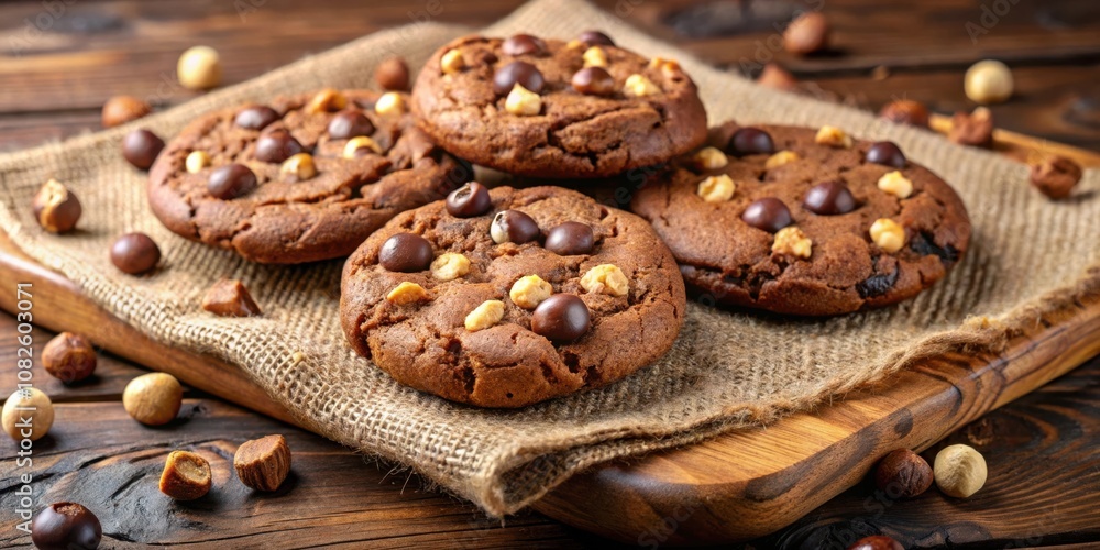 Close-up of Chocolate Chip Cookies with Hazelnut Pieces on a Wooden Board and Burlap Cloth Close-up of Chocolate Chip Cookies with Hazelnut Pieces on a Wooden Board and Burlap Cloth