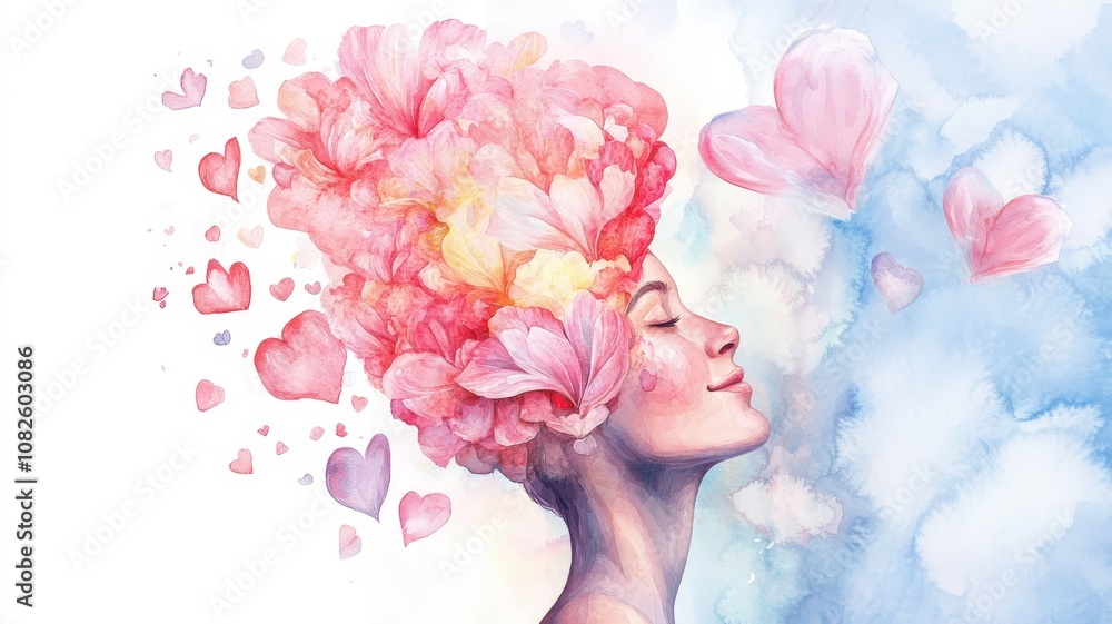 cbt psychotherapy, self - improvement, serene, peaceful, Creative expression of emotions through floral imagery artistic style digital art dreamy atmosphere side view concept of love and beauty cbt psychotherapy, self - improvement, serene, peaceful, Creative expression of emotions through floral imagery artistic style digital art dreamy atmosphere side view concept of love and beauty