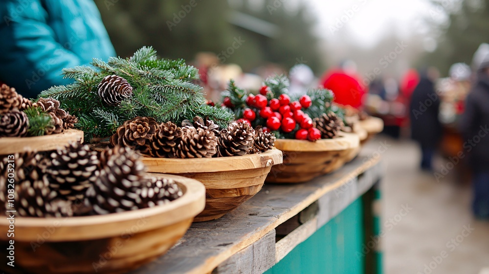 Beautifully Arranged Bowls of Pinecones, Greenery, and Berries Set Against a Festive Outdoor Market Scene in Winter Atmosphere Beautifully Arranged Bowls of Pinecones, Greenery, and Berries Set Against a Festive Outdoor Market Scene in Winter Atmosphere