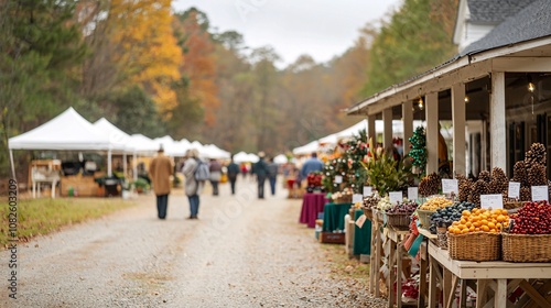 Vibrant Farmers Market Scene with Colorful Produce, Seasonal Plants, and Visitors Enjoying a Scenic Outdoor Shopping Experience