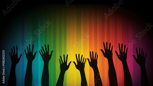 Colorful Hands Reaching Up Against a Rainbow Stripe Background for Creative Concepts in Unity, Celebration, Expression, and Diversity