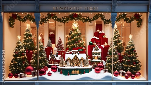 Christmas themed window display, department store, photorealistic style.