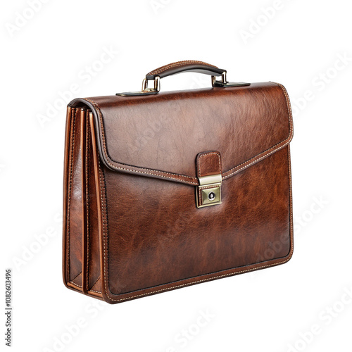 A Classic Brown Leather Briefcase with a Vintage Look isolated on White Background PNG