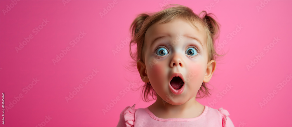 a 1 / 2 year old baby girl with a startled / shocked/ surprised look on her face against a plain pink background with copy space for text a 1 / 2 year old baby girl with a startled / shocked/ surprised look on her face against a plain pink background with copy space for text