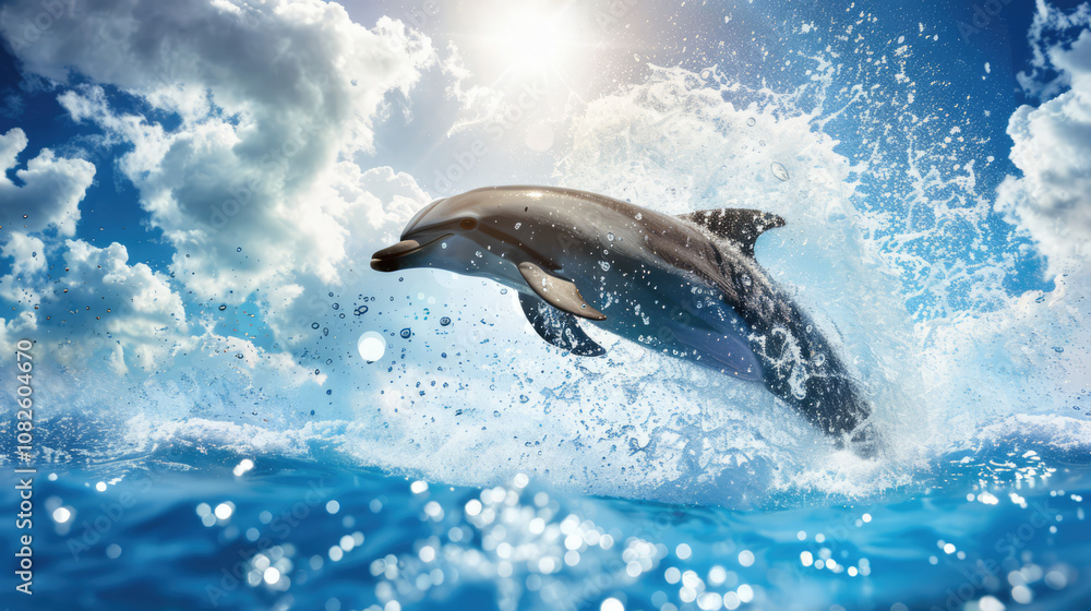 Fototapeta premium Dolphin Jumping through Ocean Waves at Sunrise
