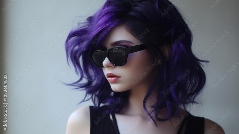 Trendy woman with purple hair wearing sunglasses and black outfit Trendy woman with purple hair wearing sunglasses and black outfit