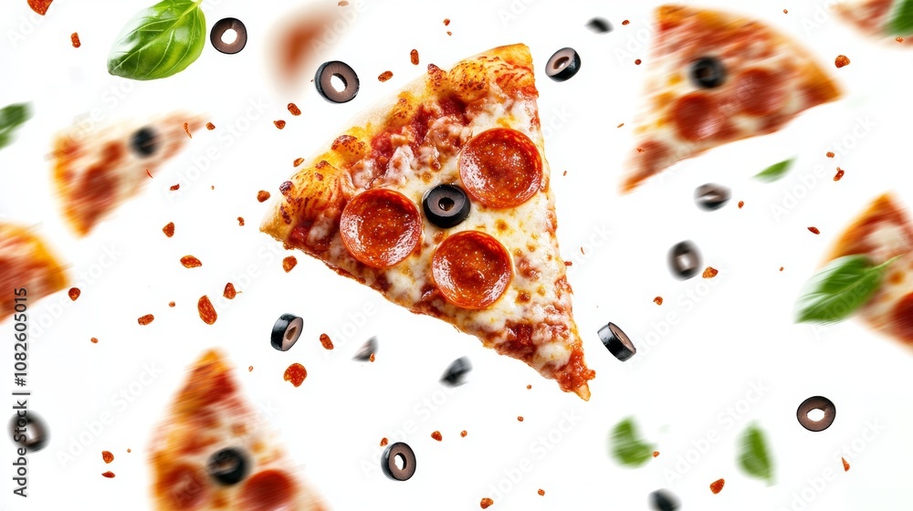 Pepperoni pizza slices with olives and melted cheese are flying through the air, surrounded by basil leaves. They're against a white background, looking like they're ready to be caught. Pepperoni pizza slices with olives and melted cheese are flying through the air, surrounded by basil leaves. They're against a white background, looking like they're ready to be caught.