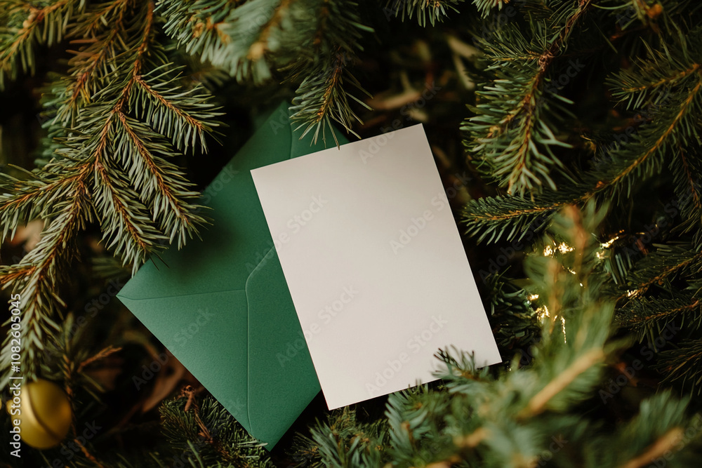 A blank card and a green envelope are nestled amongst the branches of a pine tree, suggesting a festive occasion or a handwritten message A blank card and a green envelope are nestled amongst the branches of a pine tree, suggesting a festive occasion or a handwritten message