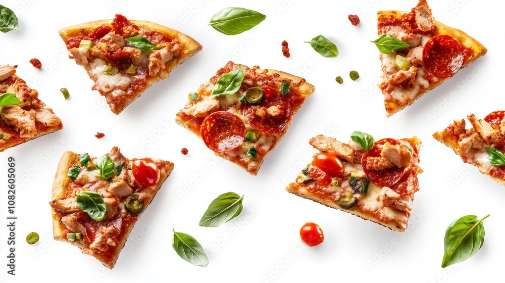 Pizza slices, topped with pepperoni, chicken, vegetables, tomatoes, and basil, seem to float in mid-air against a white background. It's a picture of delicious, Italian-style pizza. Pizza slices, topped with pepperoni, chicken, vegetables, tomatoes, and basil, seem to float in mid-air against a white background. It's a picture of delicious, Italian-style pizza.