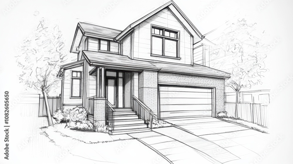 Modern house pencil sketch of suburban architecture with garage and front yard Modern house pencil sketch of suburban architecture with garage and front yard