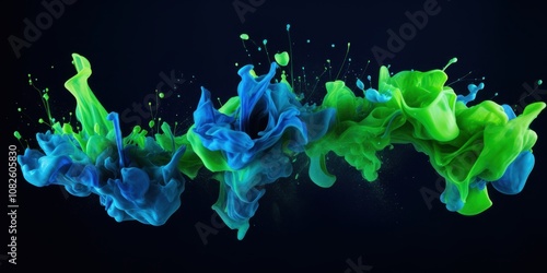 Vivid blue and green ink in water creative abstract fluid art on dark background