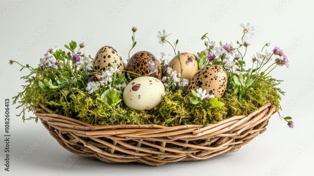 Easter eggs nest showing speckled eggs and spring flowers in wicker basket Easter eggs nest showing speckled eggs and spring flowers in wicker basket
