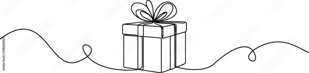 Obraz premium Gift box one line drawing. Continuous one line gift box.Presents with ribbon bow.Hand drawn greeting present box.Line art christmas surprise.