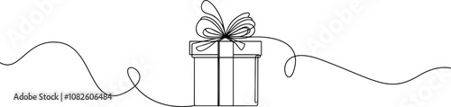 Gift box one line drawing. Continuous one line gift box.Presents with ribbon bow.Hand drawn greeting present box.Line art christmas surprise.	