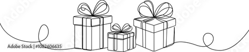 Gift box one line drawing. Continuous one line gift box.Presents with ribbon bow.Hand drawn greeting present box.Line art christmas surprise.	Gift boxes stack	