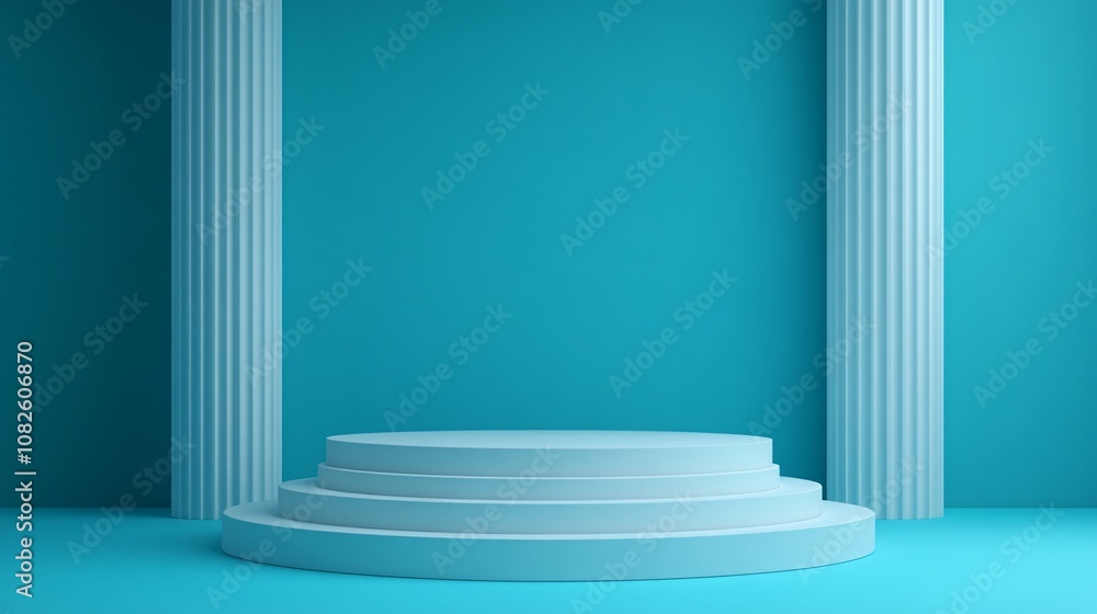 White round podium displaying products between columns on turquoise background White round podium displaying products between columns on turquoise background