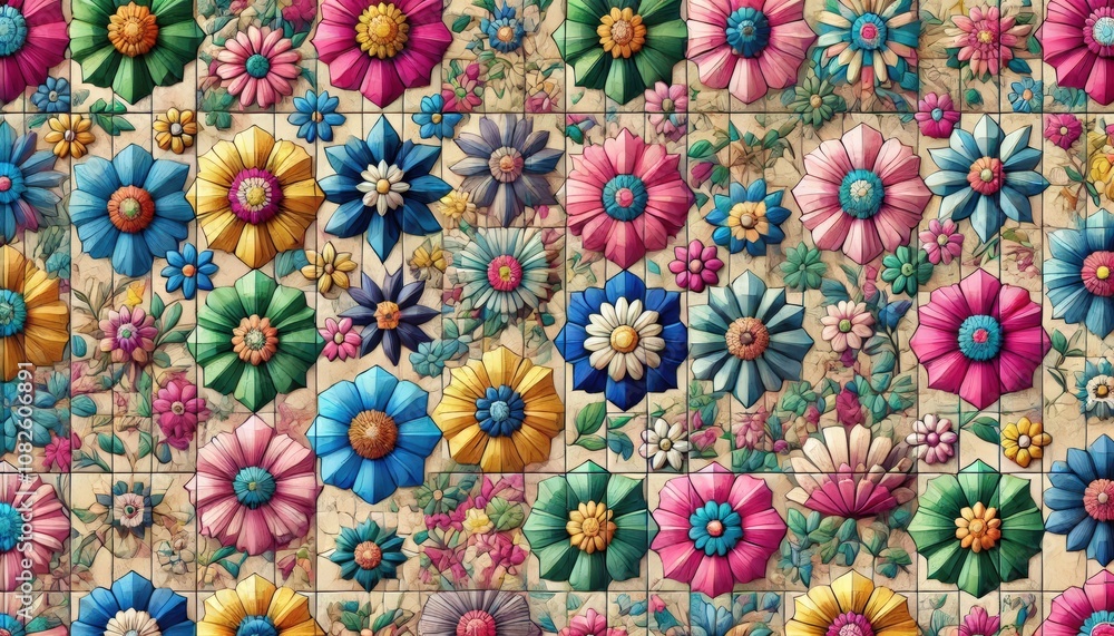 幾何学的で立体感のある花のパターンが広がり、明るい色彩が全体を彩っています。モダンさと伝統的な要素が調和しています。
幾何学的で立体感のある花のパターンが広がり、明るい色彩が全体を彩っています。モダンさと伝統的な要素が調和しています。