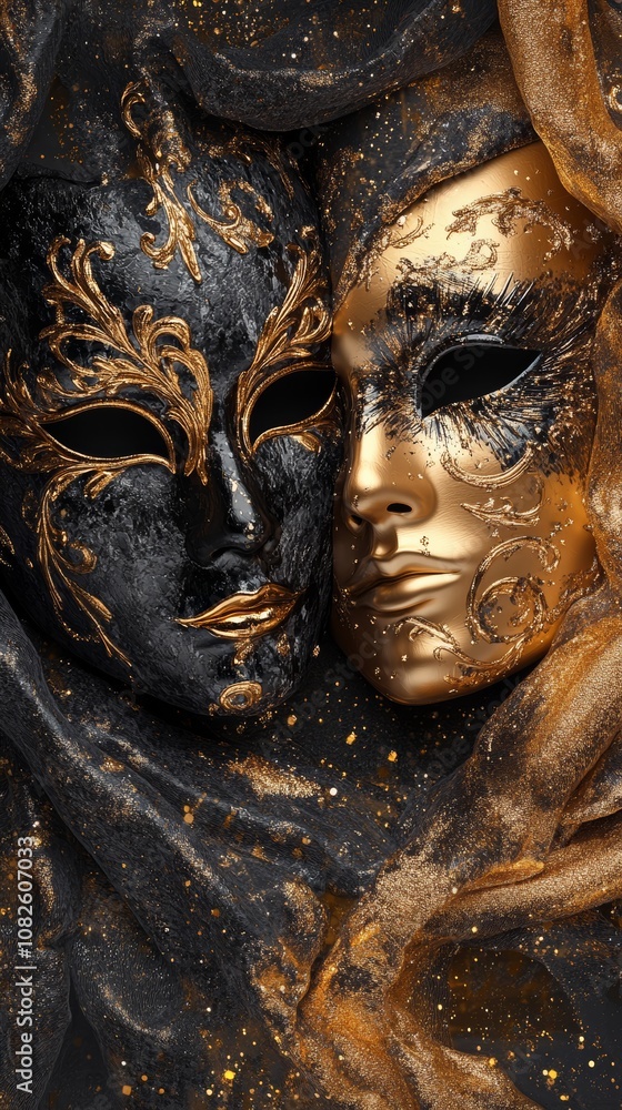 Two venetian masks resting on luxurious black and gold fabric Two venetian masks resting on luxurious black and gold fabric