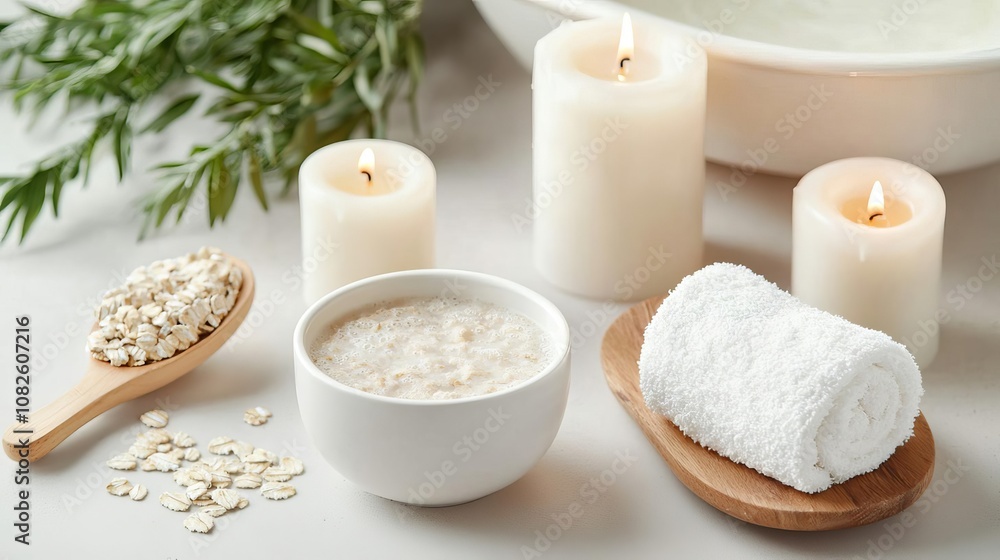Gentle bath with nourishing oatmeal soak, candles casting warm light, ultimate pampering for sensitive skin Gentle bath with nourishing oatmeal soak, candles casting warm light, ultimate pampering for sensitive skin