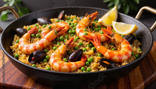 Seafood paella with shrimp, mussels, and peas in skillet