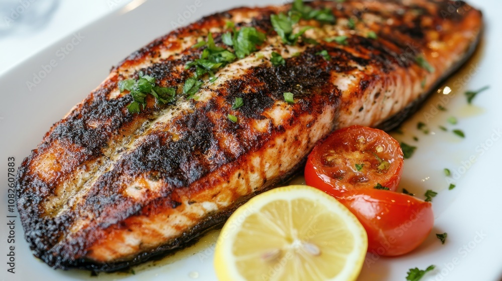 Grilled salmon fillet with lemon and herb garnish on white plate Grilled salmon fillet with lemon and herb garnish on white plate