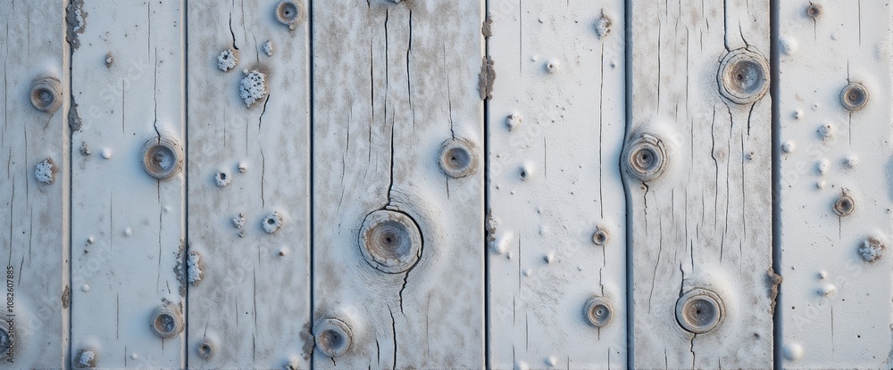 Weathered wooden planks with knots and snow-like texture for rustic deco Weathered wooden planks with knots and snow-like texture for rustic deco