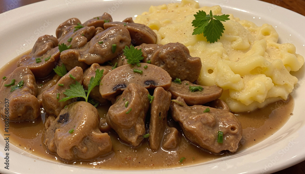 Creamy mushroom stew with mashed potatoes on white plate Creamy mushroom stew with mashed potatoes on white plate