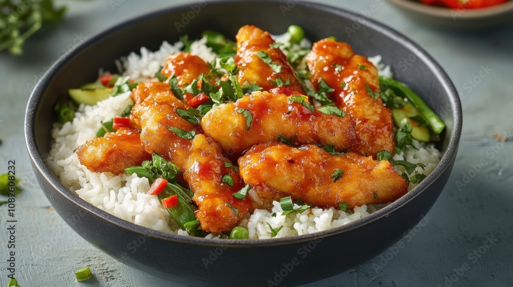 Crispy honey sriracha chicken tenders on steamed rice with fresh herbs Crispy honey sriracha chicken tenders on steamed rice with fresh herbs