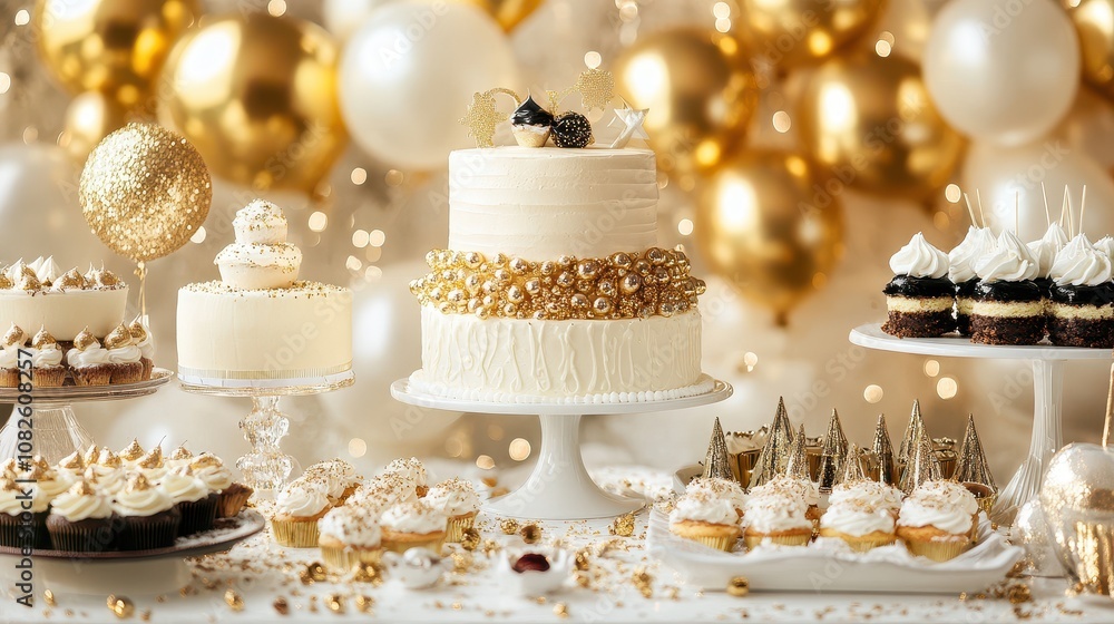 Elegant Celebration of New Year with Themed Dessert Table Featuring Exquisite Cakes and Pastries Surrounded by Golden Decor and Festive Atmosphere Elegant Celebration of New Year with Themed Dessert Table Featuring Exquisite Cakes and Pastries Surrounded by Golden Decor and Festive Atmosphere