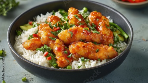 Crispy honey sriracha chicken tenders on steamed rice with fresh herbs