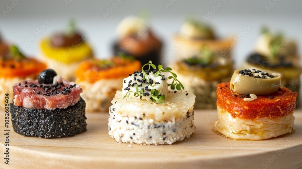 These small, bite-sized pâtés come in a variety of flavors. They're filled with different meats, vegetables, and spices, and topped with cheese, olives, sesame seeds, and black seeds. These small, bite-sized pâtés come in a variety of flavors. They're filled with different meats, vegetables, and spices, and topped with cheese, olives, sesame seeds, and black seeds.