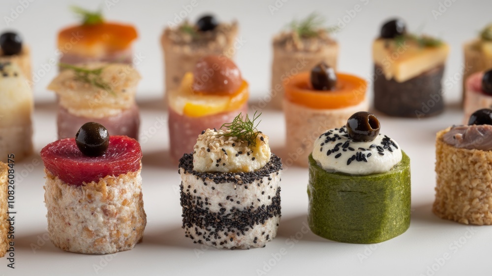 These small, bite-sized pâtés come in a variety of flavors. They're filled with different meats, vegetables, and spices, and topped with cheese, olives, sesame seeds, and black seeds. These small, bite-sized pâtés come in a variety of flavors. They're filled with different meats, vegetables, and spices, and topped with cheese, olives, sesame seeds, and black seeds.
