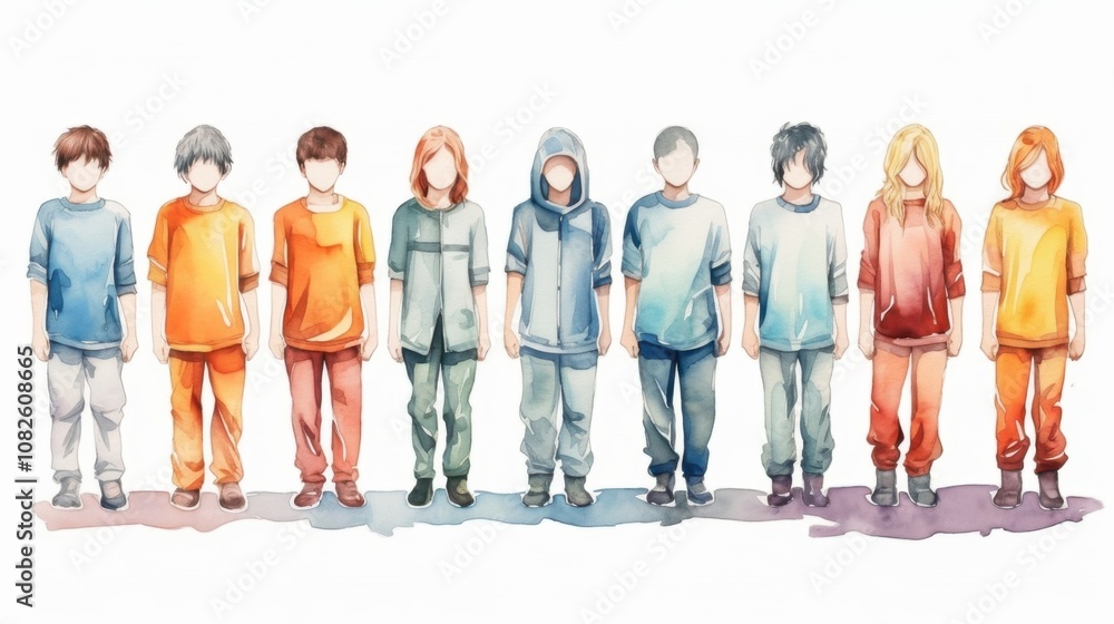 Obraz premium Prisoners for Peace Day Diverse group of standing cartoon characters in vibrant attire