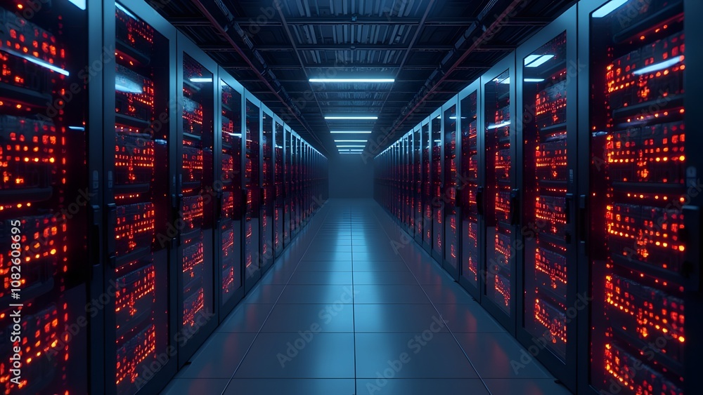 In a modern data center, a long row of servers is precisely lined up, showcasing the efficiency and symmetry of their design and arrangement In a modern data center, a long row of servers is precisely lined up, showcasing the efficiency and symmetry of their design and arrangement