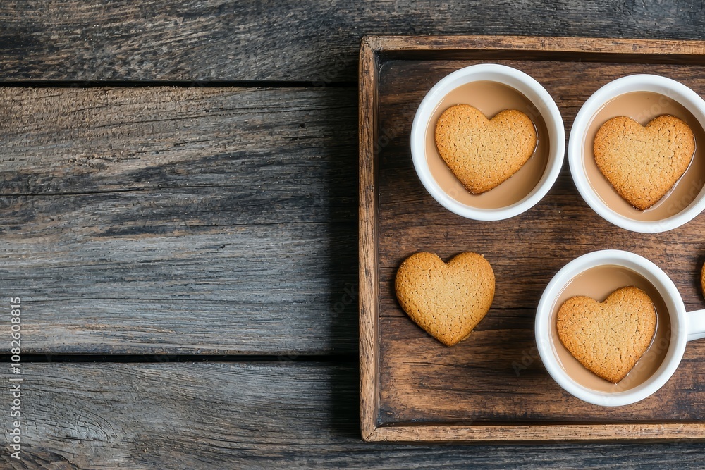 Heart-shaped cookies in cups on a rustic wooden tray, creating a warm, inviting aesthetic perfect for a cozy gathering. Heart-shaped cookies in cups on a rustic wooden tray, creating a warm, inviting aesthetic perfect for a cozy gathering.