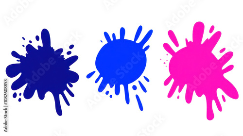 Colorful paint splatters: vibrant ink blots in blue and pink on white background