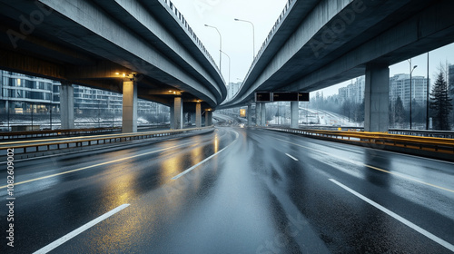 Empty urban highway with overpasses and wet road reflecting city lights, surrounded by modern buildings and trees on a cloudy day.