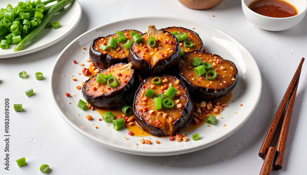 Spicy roasted eggplant slices garnished with green onions Spicy roasted eggplant slices garnished with green onions