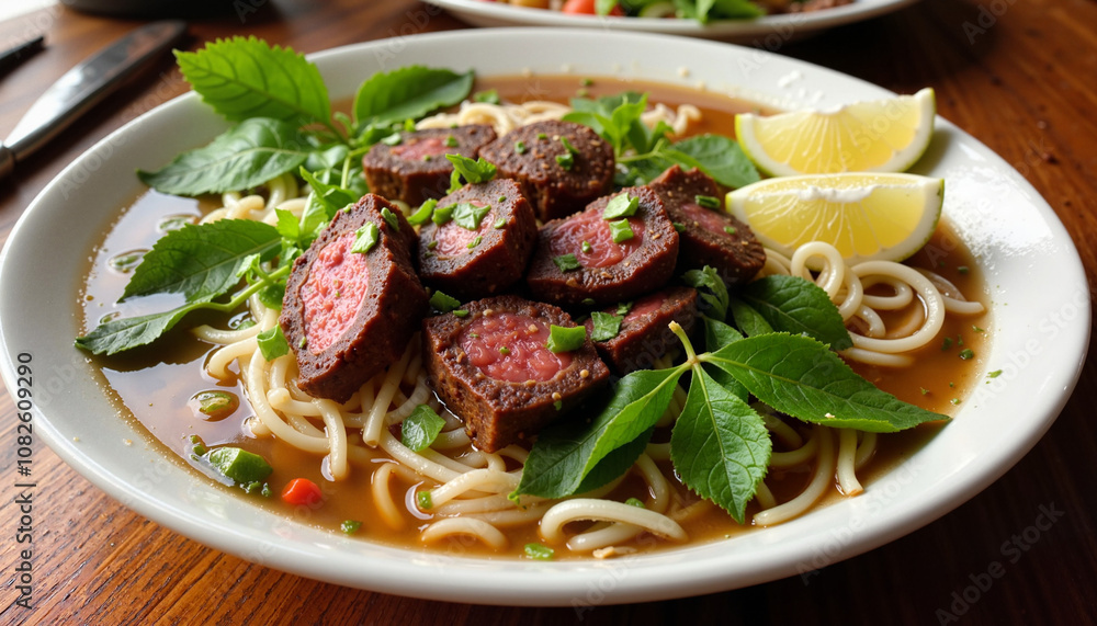 Vietnamese noodle soup with grilled beef and fresh herbs
Vietnamese noodle soup with grilled beef and fresh herbs