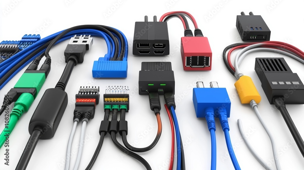 This describes a network setup with various cables like ethernet and fiber optic. These cables connect devices like computers, servers, and routers to each other and the internet.