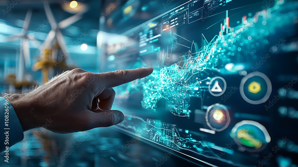 businessman pointing at stock chart on large screen, showcasing data analysis and financial trends in modern office environment businessman pointing at stock chart on large screen, showcasing data analysis and financial trends in modern office environment