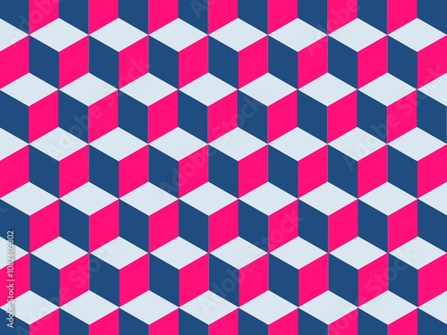 Seamless geometric pattern with repeating pink and blue cubes. 