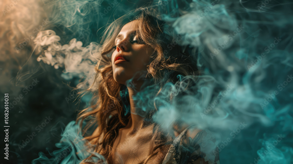 Sensual woman with closed eyes standing in smoke
Sensual woman with closed eyes standing in smoke