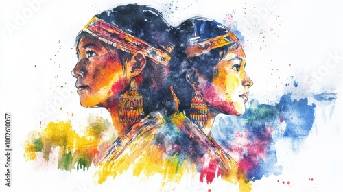 Indigenous Faith Day in Arunachal Pradesh Vibrant watercolor portrait of two women in traditional attire