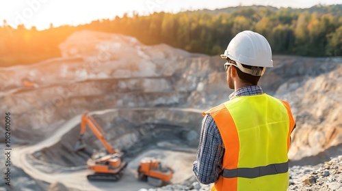 A worker observes a construction site at sunset, highlighting industry and safety.