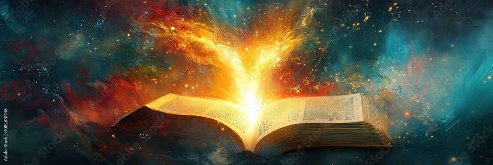 Obraz premium Depiction of light as the breath of life, illuminating an open Bible with abstract art symbols representing unity and the depth of faith